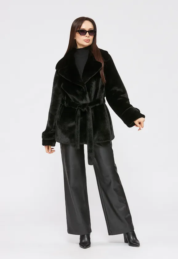 Фото Шуба из эко норки черная с английским воротником - 5