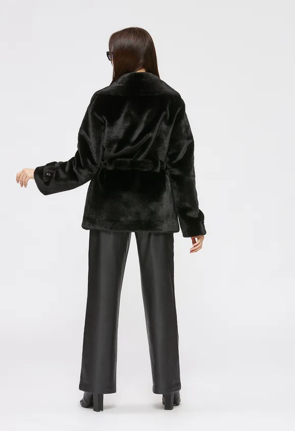 Фото Шуба из эко норки черная с английским воротником - 9