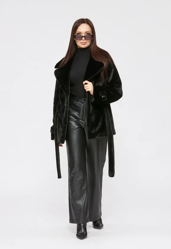 Фото Шуба из эко норки черная с английским воротником - 4