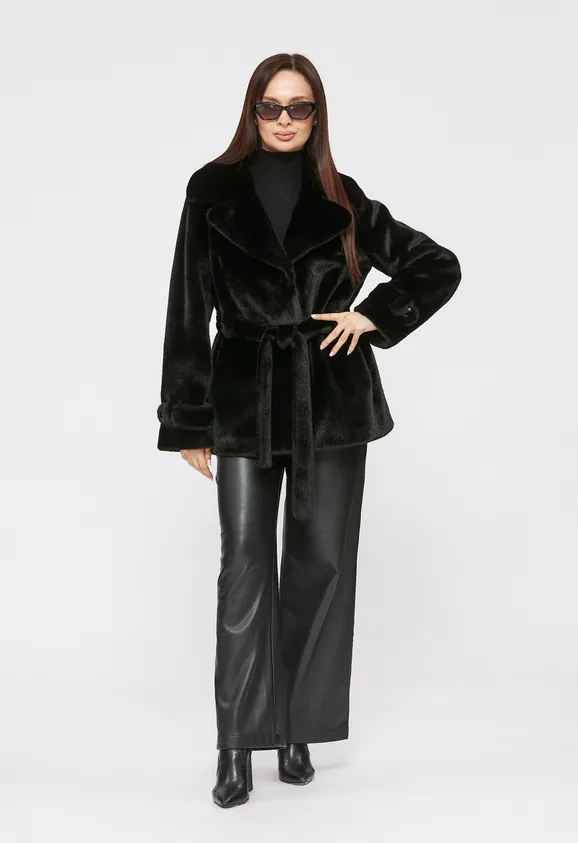 Фото Шуба из эко норки черная с английским воротником - 1