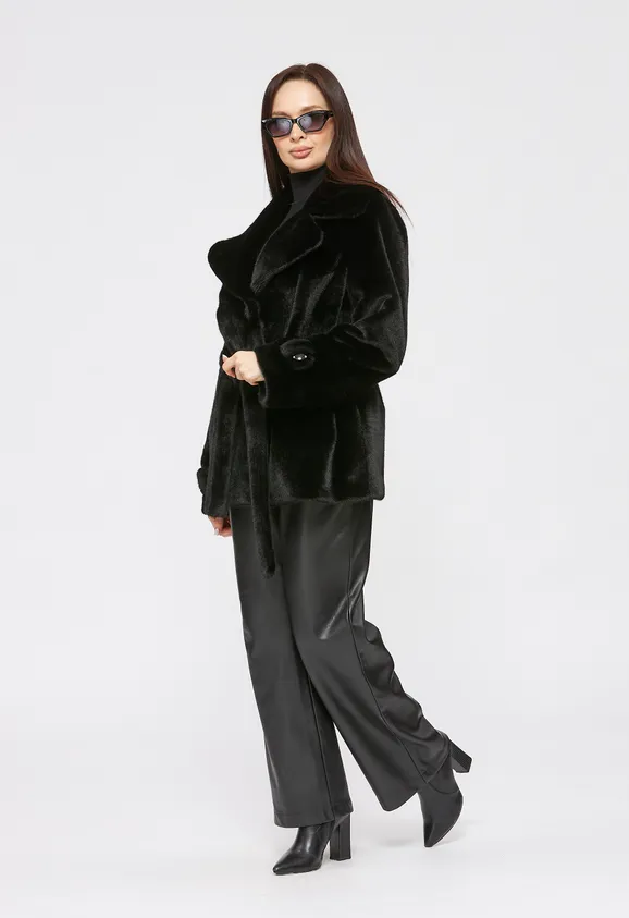 Фото Шуба из эко норки черная с английским воротником - 8