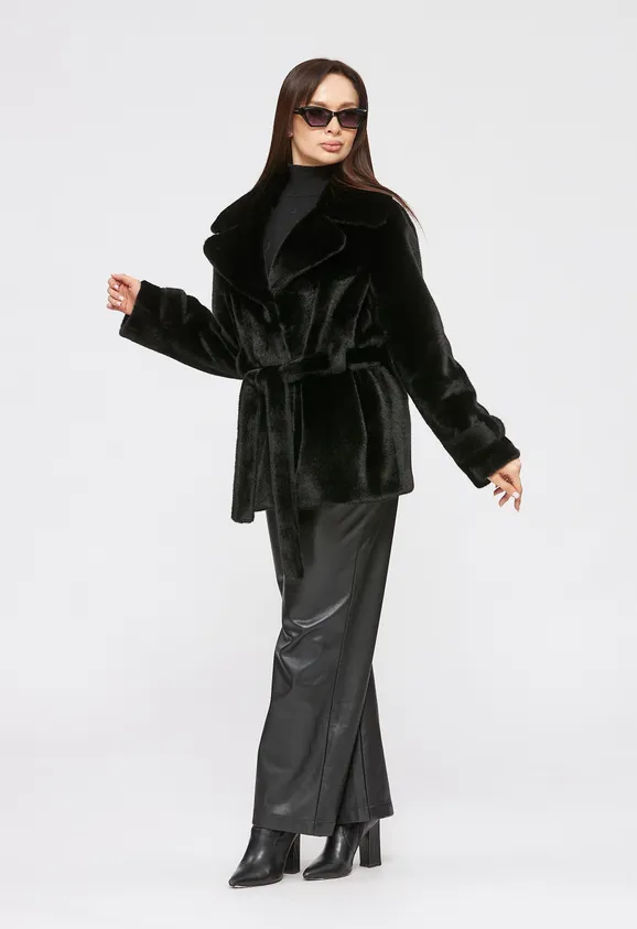 Фото Шуба из эко норки черная с английским воротником - 6