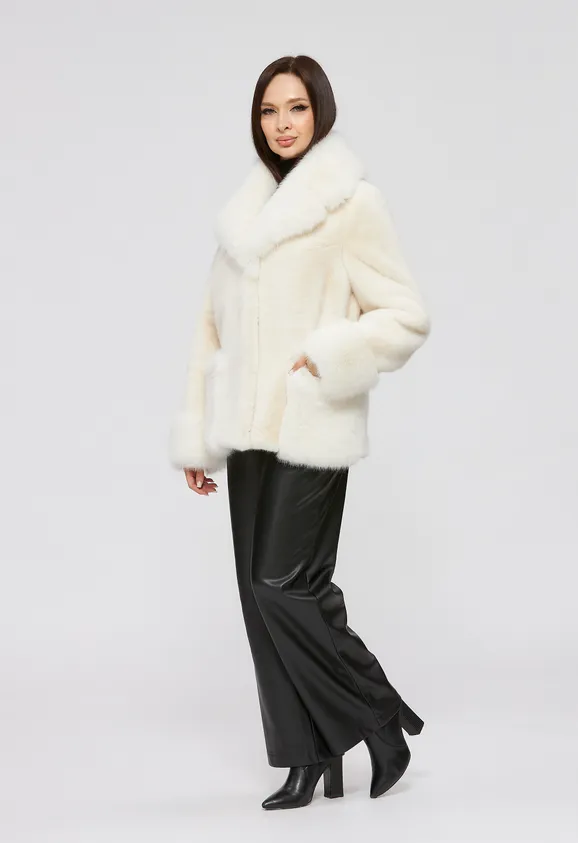 Фото Шуба из белого эко песца и белой эко норки с английским воротником - 3