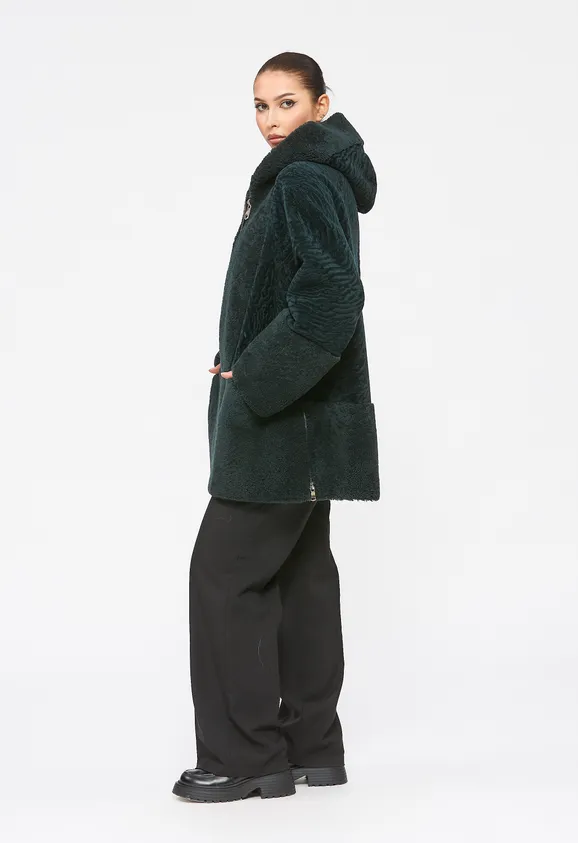 Фото Шуба из натурального астрагана керли изумруд с капюшоном - 2