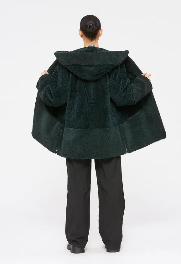 Фото Шуба из натурального астрагана керли изумруд с капюшоном - 4