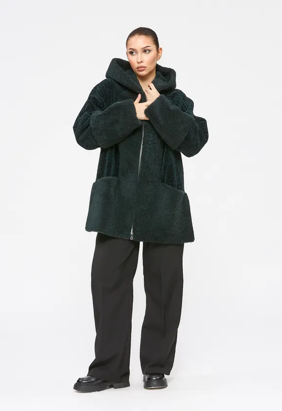 Фото Шуба из натурального астрагана керли изумруд с капюшоном - 5