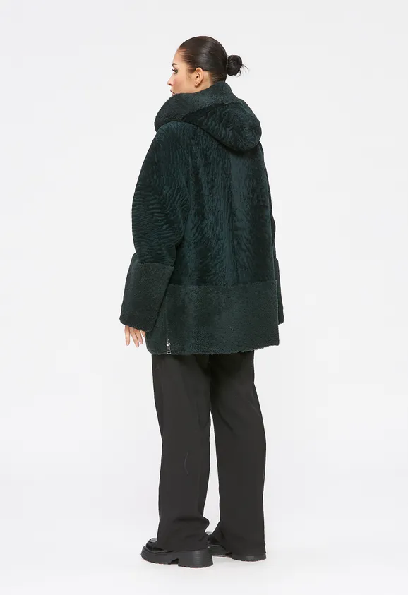 Фото Шуба из натурального астрагана керли изумруд с капюшоном - 3