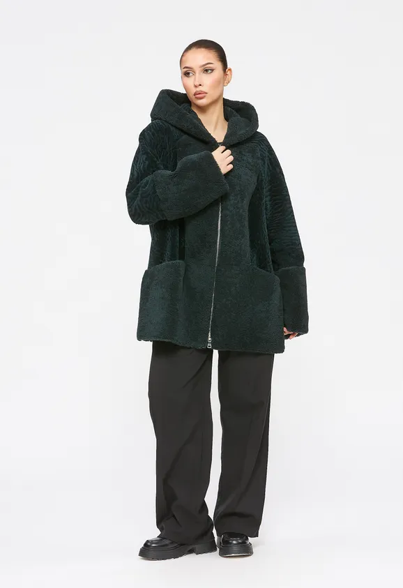 Фото Шуба из натурального астрагана керли изумруд с капюшоном - 6