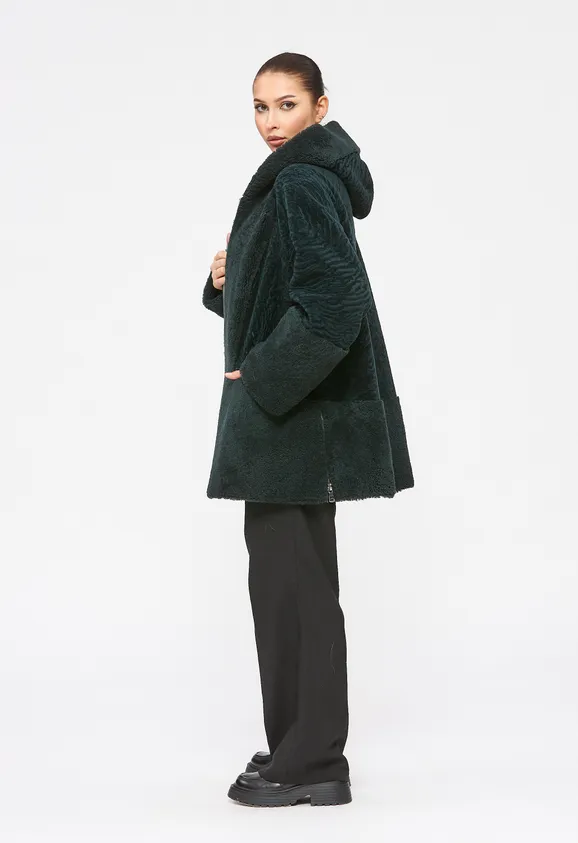 Фото Шуба из натурального астрагана керли изумруд с капюшоном - 8