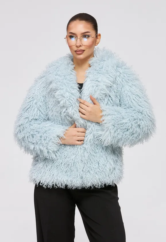 Фото Шуба из эко ламы с воротником-шалью голубая - 1