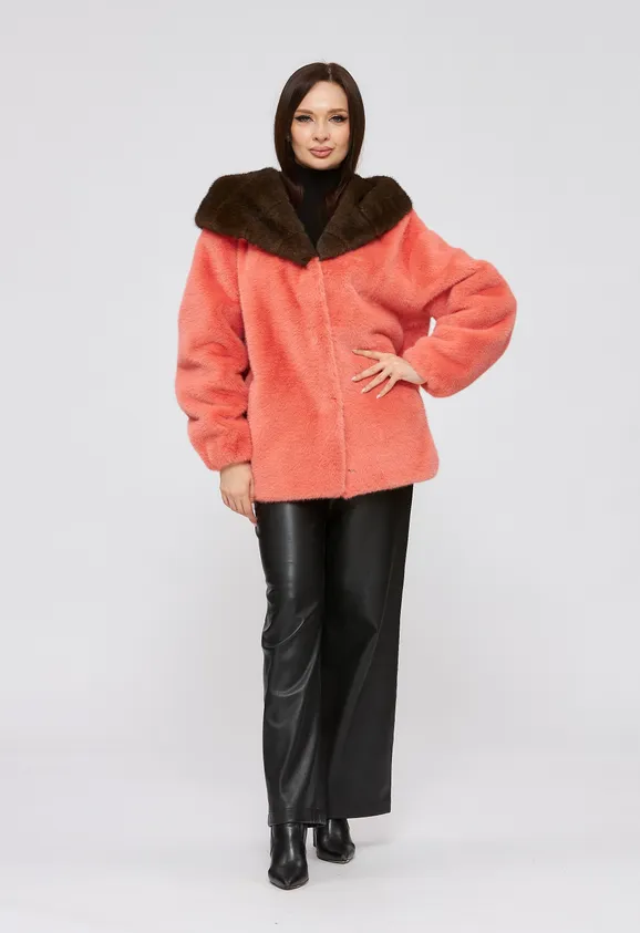 Фото Шуба из эко норки коралловая с капюшоном - 4