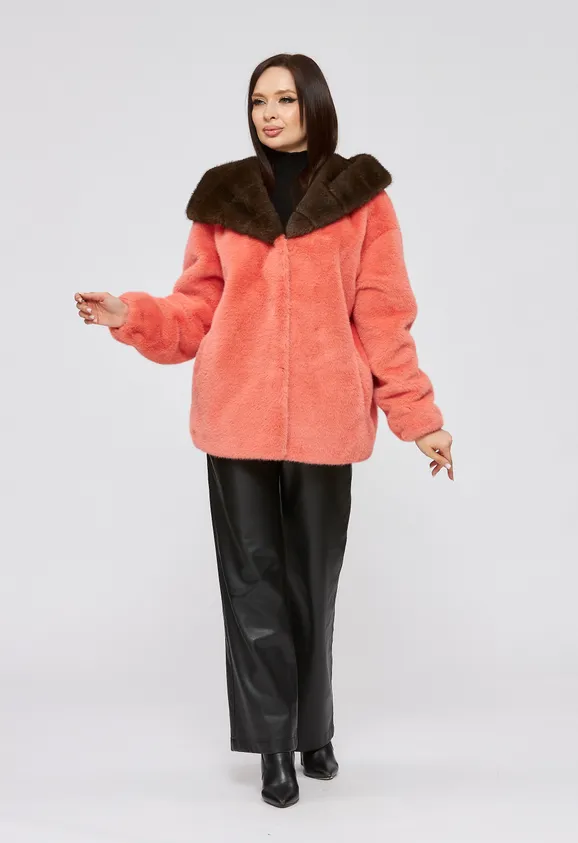 Фото Шуба из эко норки коралловая с капюшоном - 8