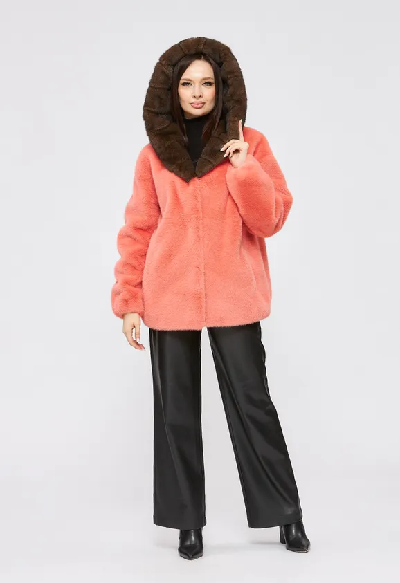 Фото Шуба из эко норки коралловая с капюшоном - 1