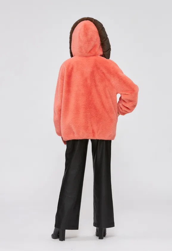 Фото Шуба из эко норки коралловая с капюшоном - 5