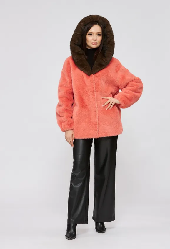 Фото Шуба из эко норки коралловая с капюшоном - 7