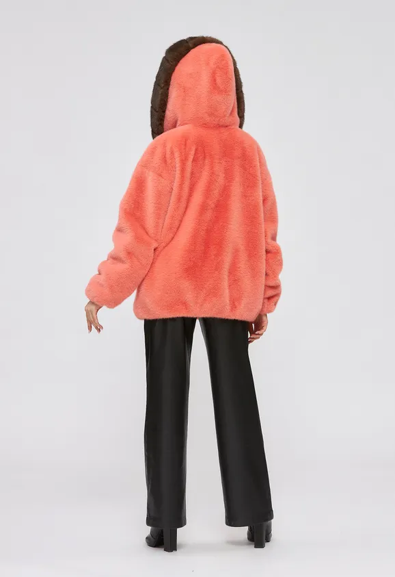 Фото Шуба из эко норки коралловая с капюшоном - 9