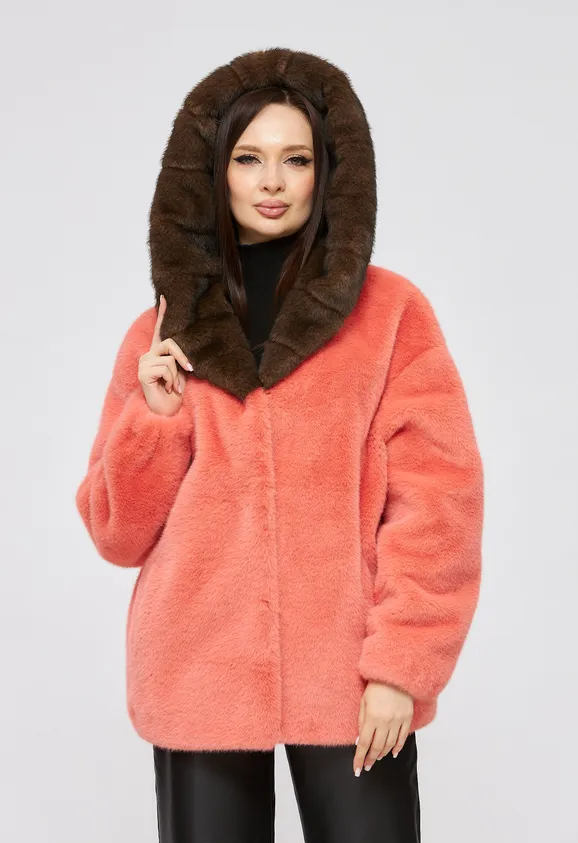 Фото Шуба из эко норки коралловая с капюшоном - 2