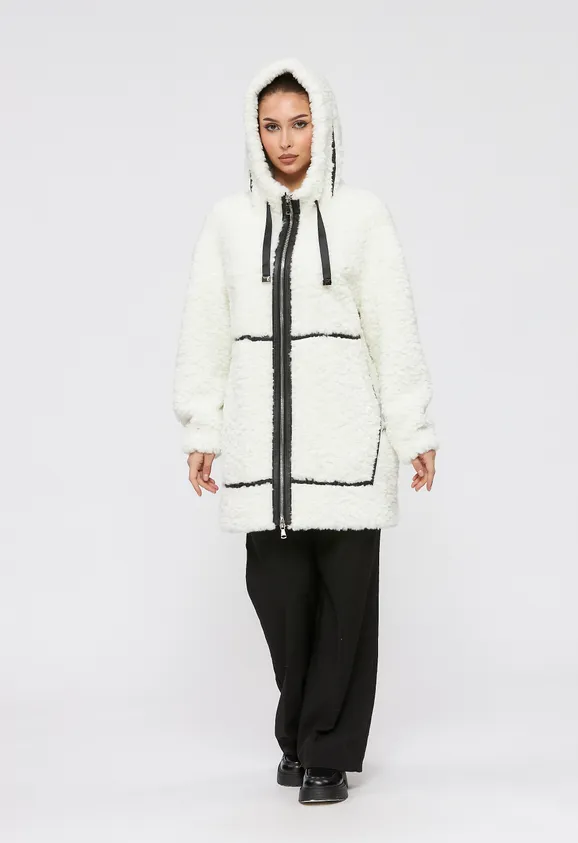 Фото Пальто из натуральной шерсти белое с капюшоном - 8