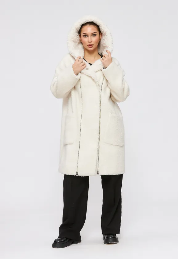 Фото Пальто из натуральной шерсти белое с капюшоном - 3