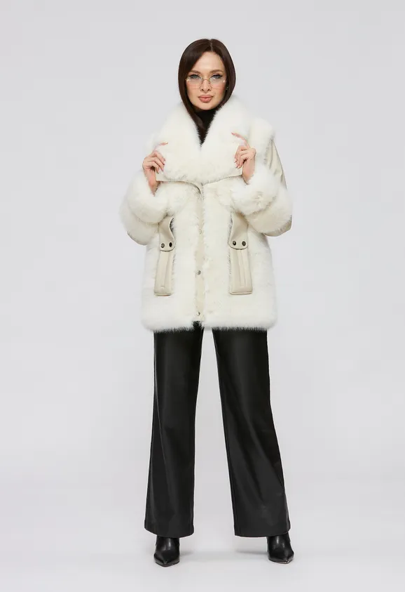 Фото Шуба из эко песца и кожи цвет белые сливки - 5