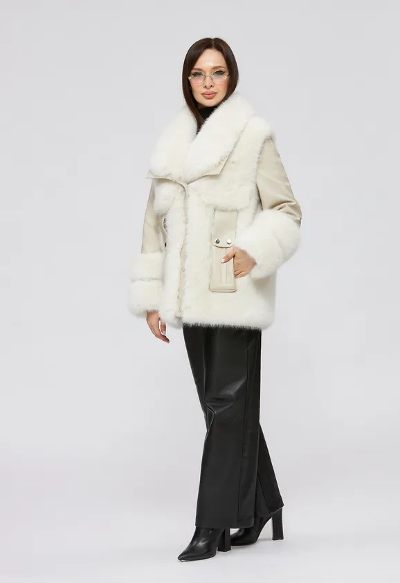 Фото Шуба из эко песца и кожи цвет белые сливки - 6