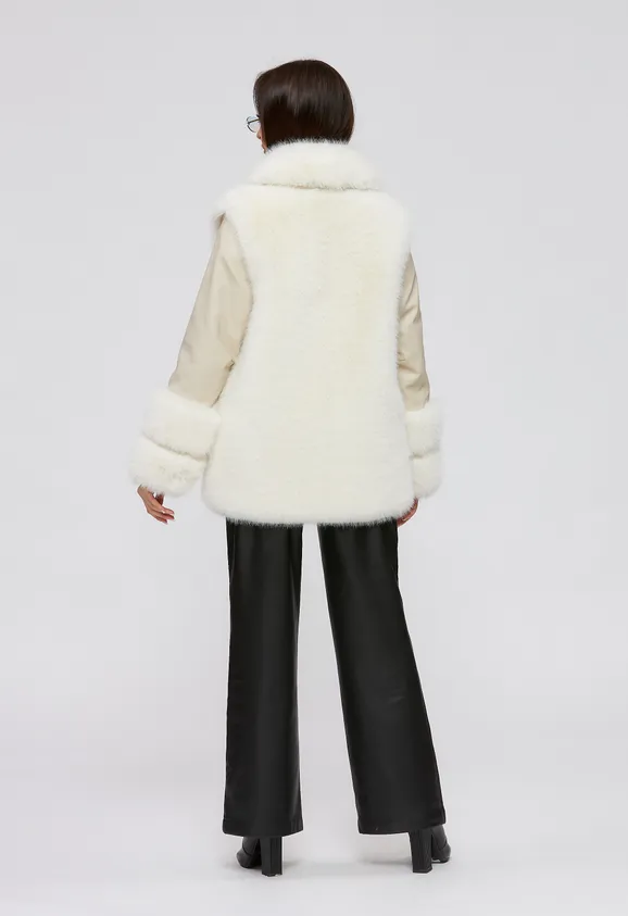 Фото Шуба из эко песца и кожи цвет белые сливки - 2