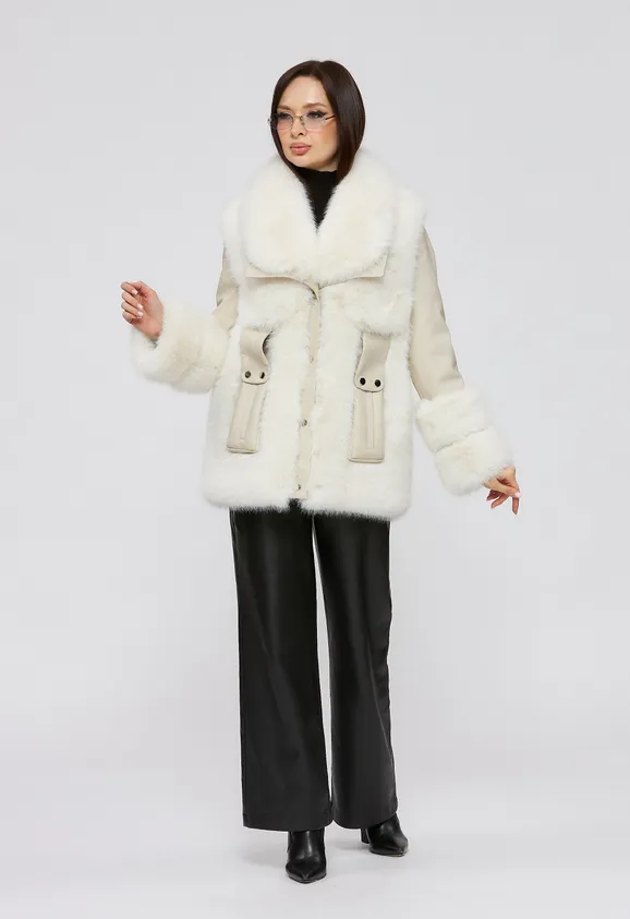 Фото Шуба из эко песца и кожи цвет белые сливки - 1