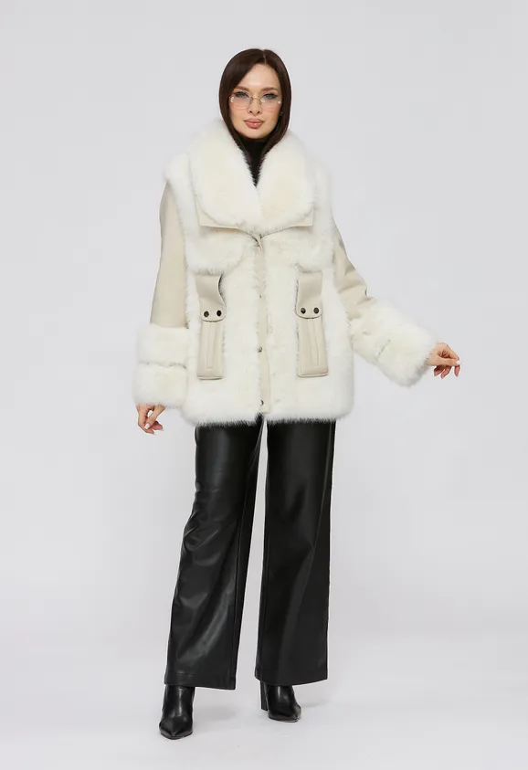 Фото Шуба из эко песца и кожи цвет белые сливки - 3