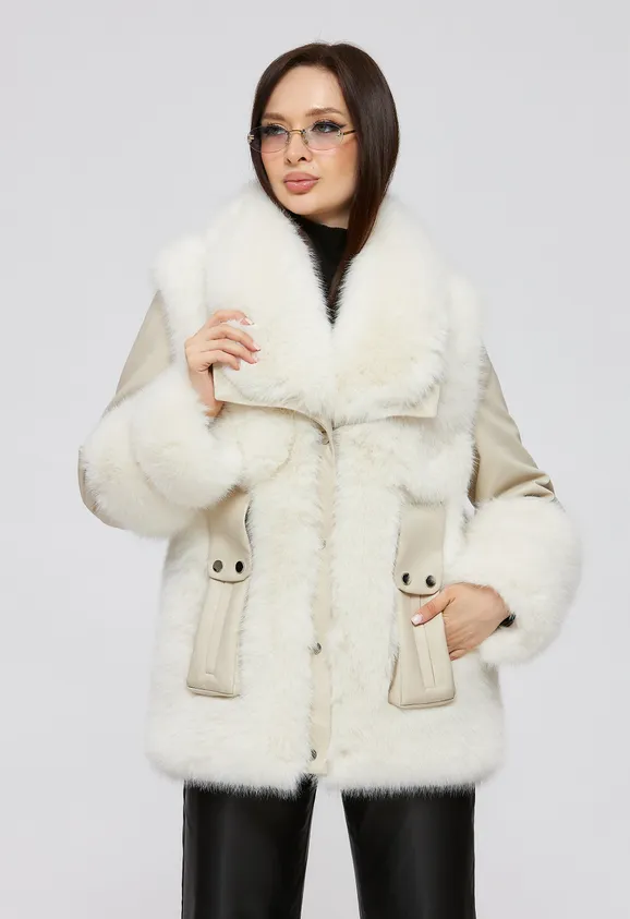 Фото Шуба из эко песца и кожи цвет белые сливки - 4