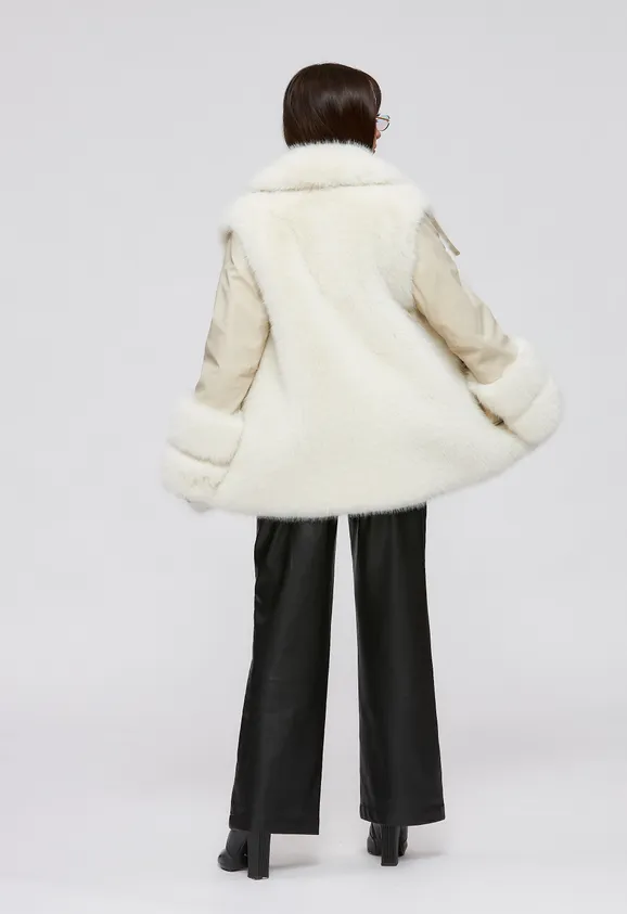 Фото Шуба из эко песца и кожи цвет белые сливки - 7