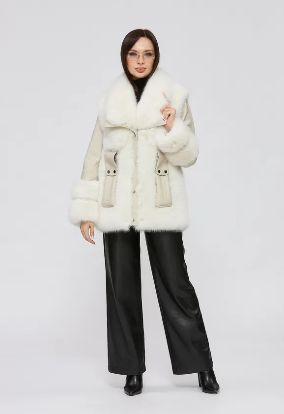 Фото Шуба из эко песца и кожи цвет белые сливки - 8