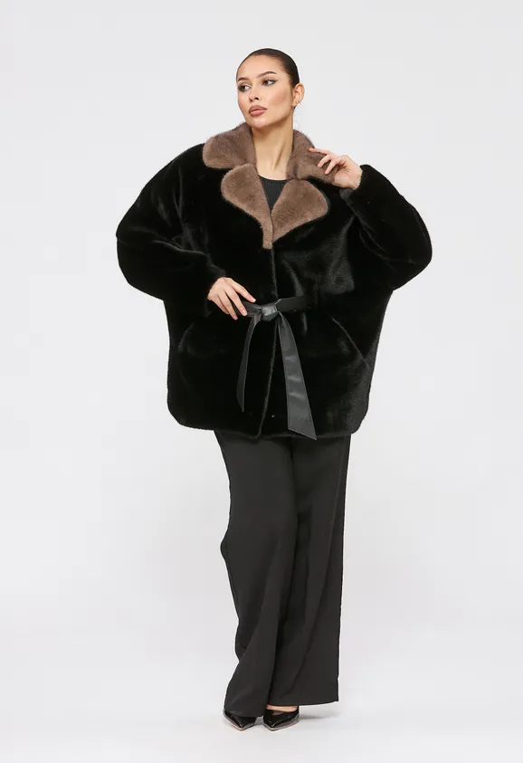 Фото Шуба из эко норки черная с английским воротником - 5