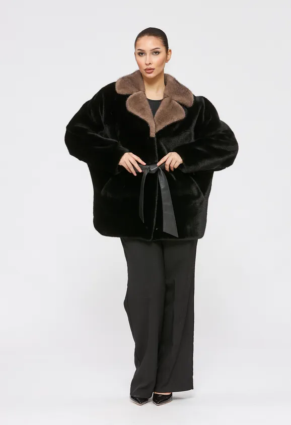 Фото Шуба из эко норки черная с английским воротником - 3