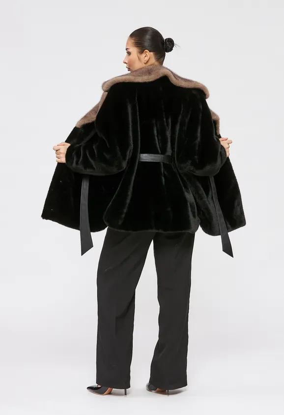 Фото Шуба из эко норки черная с английским воротником - 8