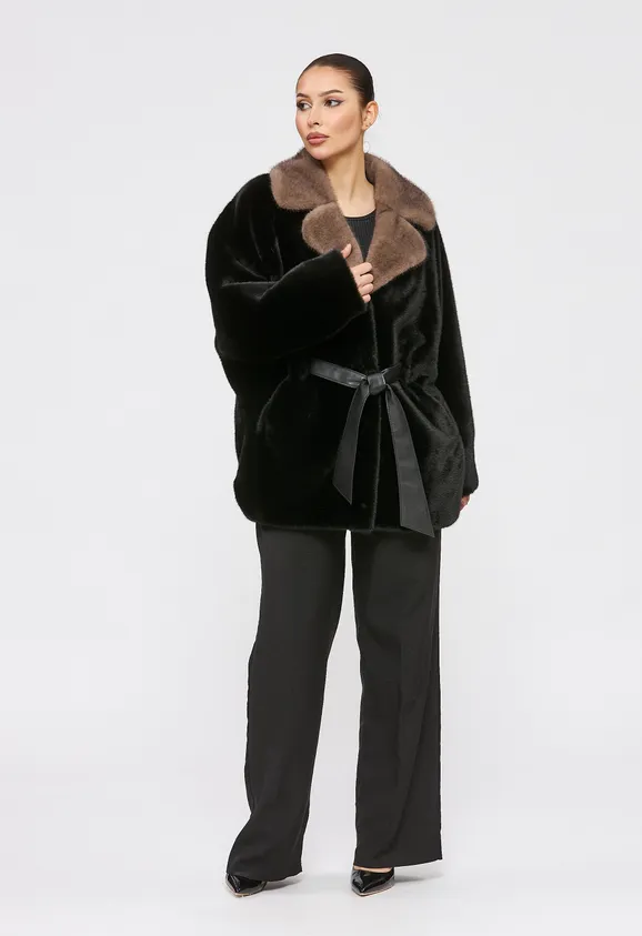 Фото Шуба из эко норки черная с английским воротником - 1