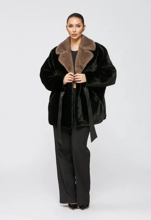 Фото Шуба из эко норки черная с английским воротником - 4