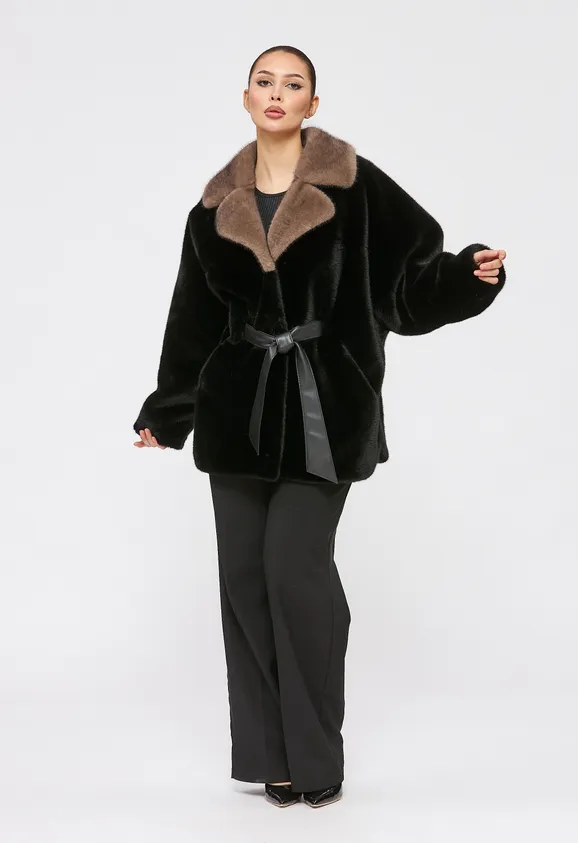 Фото Шуба из эко норки черная с английским воротником - 2
