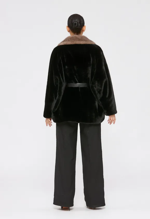 Фото Шуба из эко норки черная с английским воротником - 7