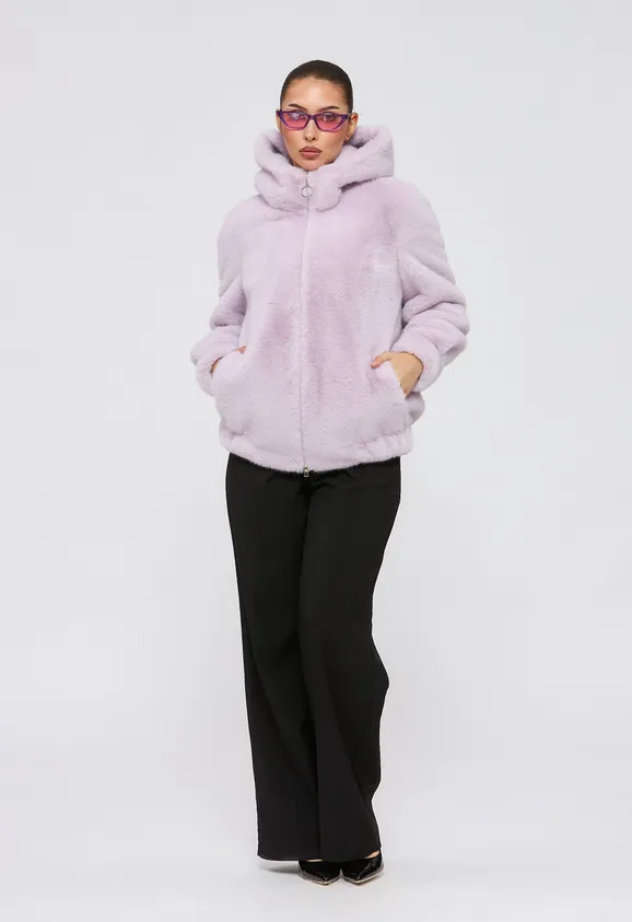 Фото Шуба-бомбер из эко норки лаванда с капюшоном - 6