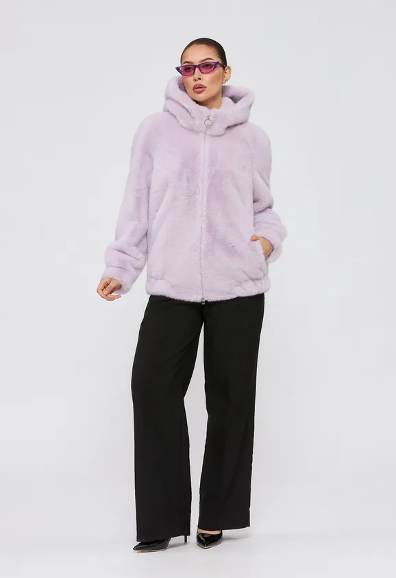 Фото Шуба-бомбер из эко норки лаванда с капюшоном - 5