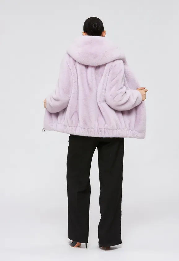 Фото Шуба-бомбер из эко норки лаванда с капюшоном - 4