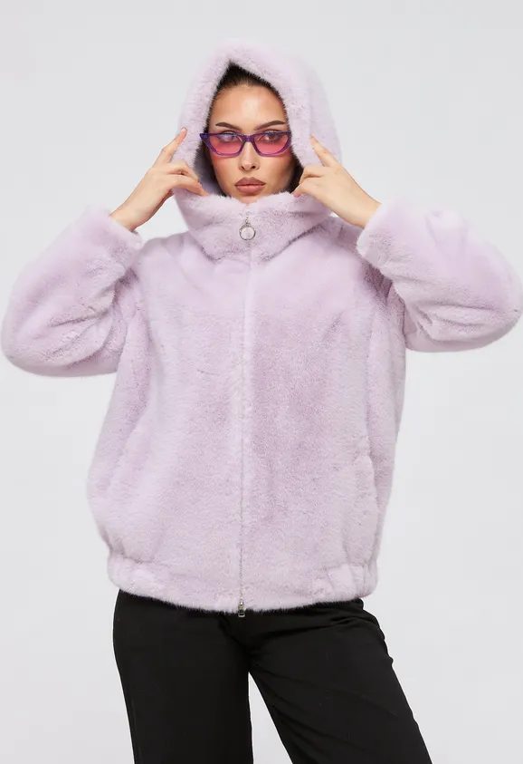 Фото Шуба-бомбер из эко норки лаванда с капюшоном - 1