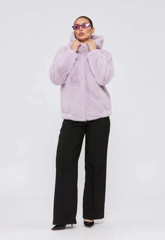 Фото Шуба-бомбер из эко норки лаванда с капюшоном - 2