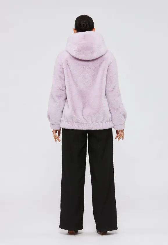 Фото Шуба-бомбер из эко норки лаванда с капюшоном - 3