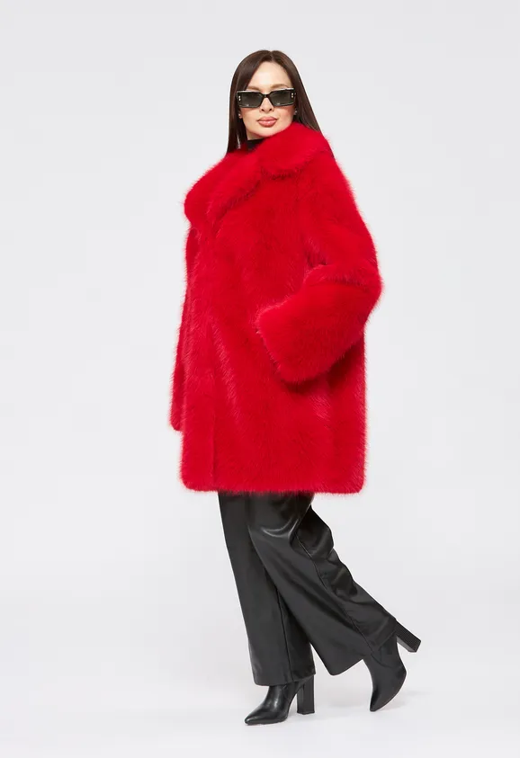 Фото Шуба из эко песца красная с английским воротником - 4