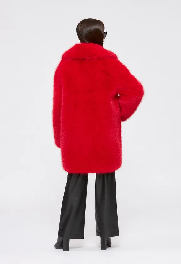 Фото Шуба из эко песца красная с английским воротником - 5