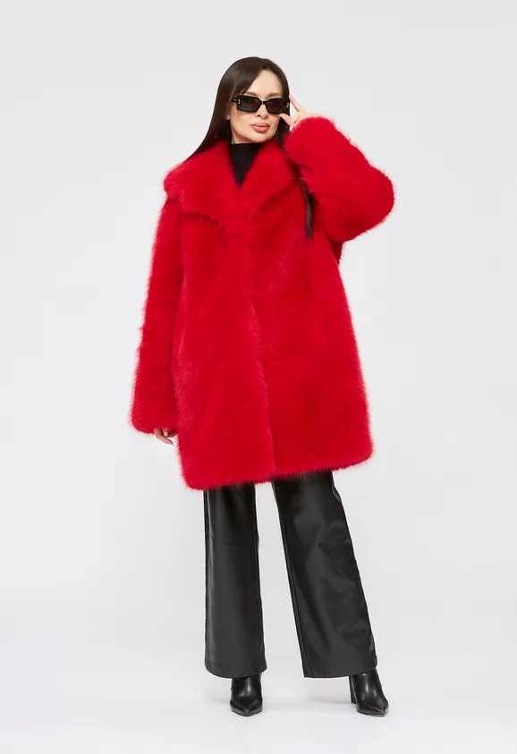 Фото Шуба из эко песца красная с английским воротником - 6