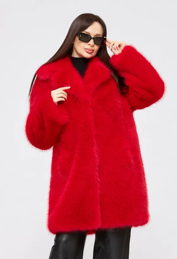 Фото Шуба из эко песца красная с английским воротником - 9