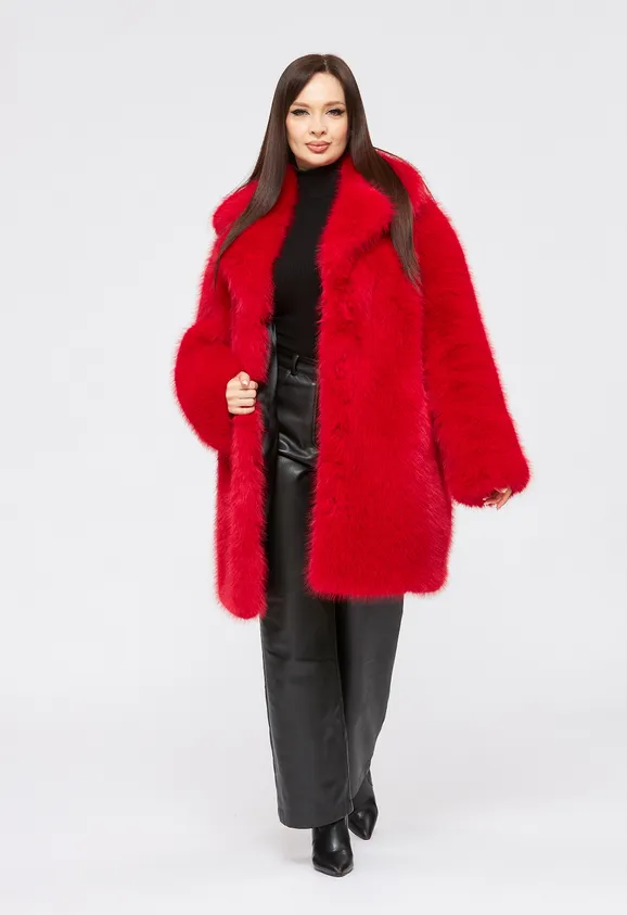 Фото Шуба из эко песца красная с английским воротником - 7