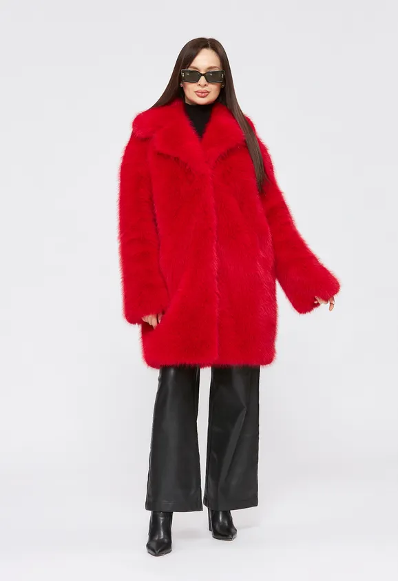 Фото Шуба из эко песца красная с английским воротником - 3